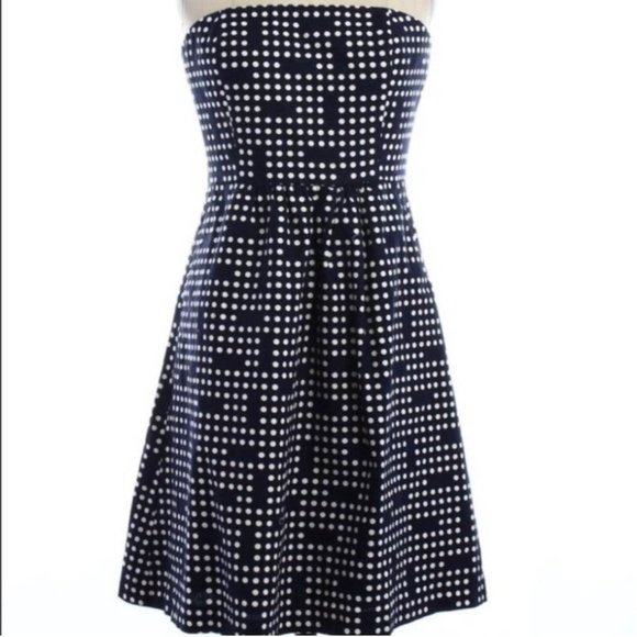 GAP Strapless Lined‎ Cotton/Linen Navy Blue & White Polka Dot Mini Dress Size 0 - Picture 1 of 9